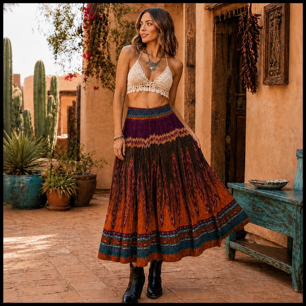 Zara Boho Ikat Pleated Corduroy Midi Skirt Womens 6 Orange Festival Rave Indie